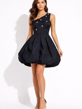 BCBGMaxAzria Black One Shoulder Bubble Hem Dress Floral Details Cocktail Party